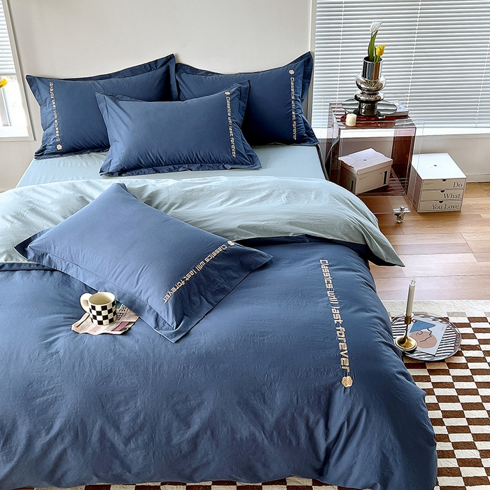 91家纺网 家纺一手货源 找家纺 拼社家纺 2026新款A类色织全棉水洗棉四件套纯棉四件套刺绣床上用品-漫系列 牛仔蓝+浅蓝