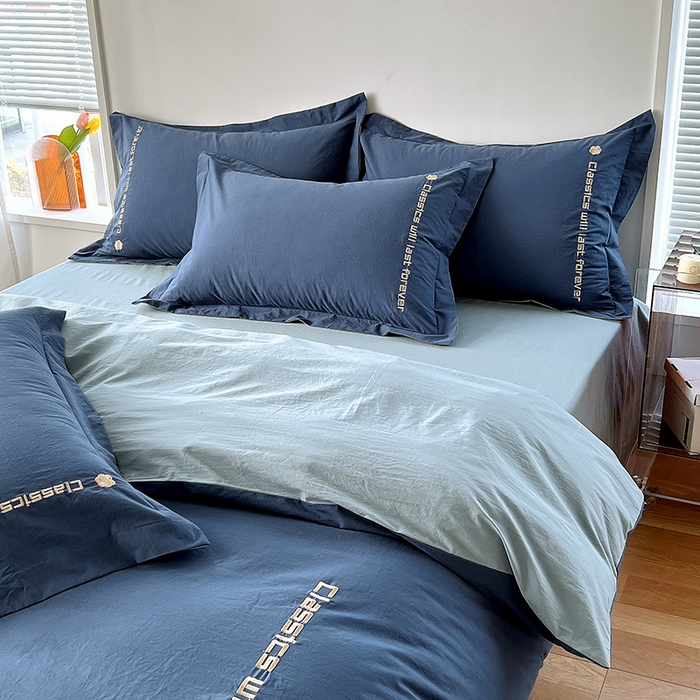 91家纺网 家纺一手货源 找家纺 拼社家纺 2026新款A类色织全棉水洗棉四件套纯棉四件套刺绣床上用品-漫系列 牛仔蓝+浅蓝