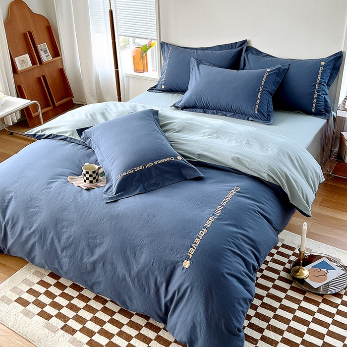 91家纺网 家纺一手货源 找家纺 拼社家纺 2026新款A类色织全棉水洗棉四件套纯棉四件套刺绣床上用品-漫系列 牛仔蓝+浅蓝