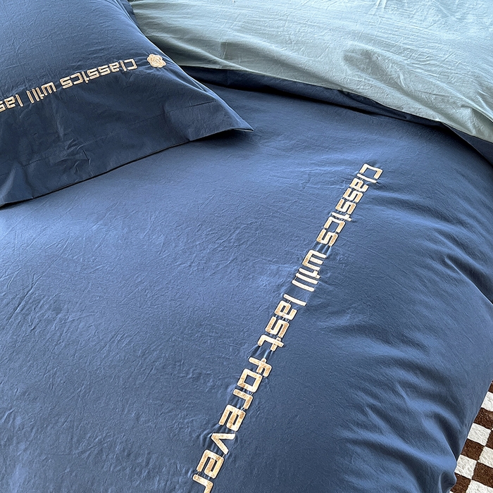 91家纺网 家纺一手货源 找家纺 拼社家纺 2026新款A类色织全棉水洗棉四件套纯棉四件套刺绣床上用品-漫系列 牛仔蓝+浅蓝