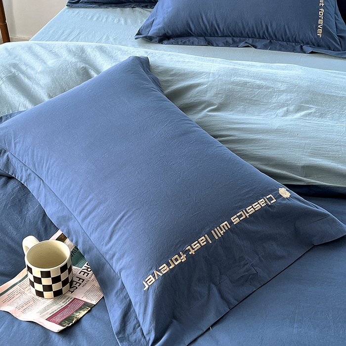 91家纺网 家纺一手货源 找家纺 拼社家纺 2026新款A类色织全棉水洗棉四件套纯棉四件套刺绣床上用品-漫系列 牛仔蓝+浅蓝