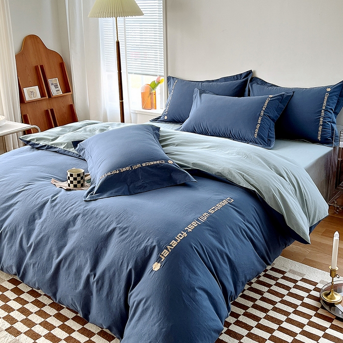 91家纺网 家纺一手货源 找家纺 拼社家纺 2026新款A类色织全棉水洗棉四件套纯棉四件套刺绣床上用品-漫系列 牛仔蓝+浅蓝