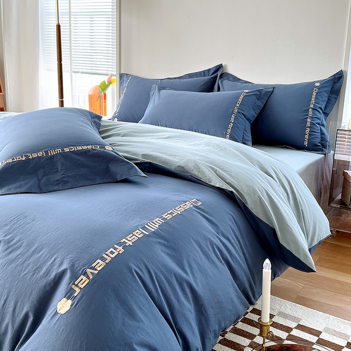 91家纺网 家纺一手货源 找家纺 拼社家纺 2026新款A类色织全棉水洗棉四件套纯棉四件套刺绣床上用品-漫系列 牛仔蓝+浅蓝