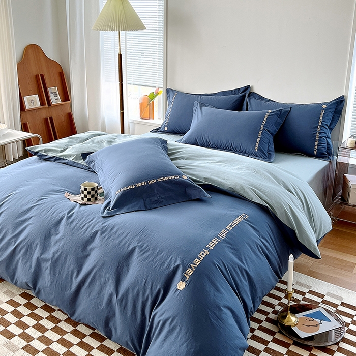 91家纺网 家纺一手货源 找家纺 拼社家纺 2026新款A类色织全棉水洗棉四件套纯棉四件套刺绣床上用品-漫系列 牛仔蓝+浅蓝