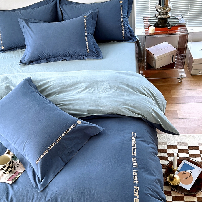 91家纺网 家纺一手货源 找家纺 拼社家纺 2026新款A类色织全棉水洗棉四件套纯棉四件套刺绣床上用品-漫系列 牛仔蓝+浅蓝