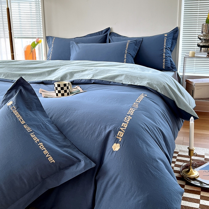 91家纺网 家纺一手货源 找家纺 拼社家纺 2026新款A类色织全棉水洗棉四件套纯棉四件套刺绣床上用品-漫系列 牛仔蓝+浅蓝