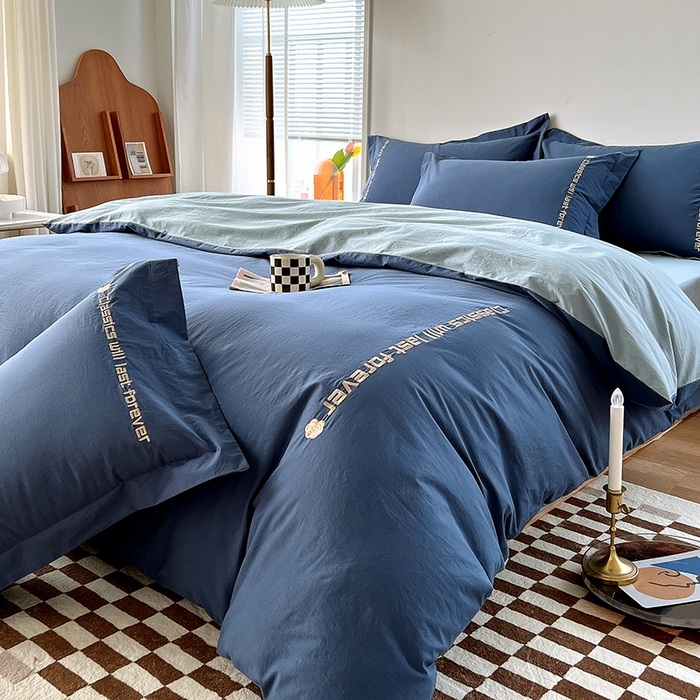 91家纺网 家纺一手货源 找家纺 拼社家纺 2026新款A类色织全棉水洗棉四件套纯棉四件套刺绣床上用品-漫系列 牛仔蓝+浅蓝