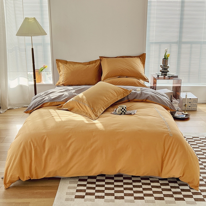 91家纺网 家纺一手货源 找家纺 拼社家纺 2026新款A类色织全棉水洗棉四件套纯棉四件套刺绣床上用品-漫系列 香橙+雅灰