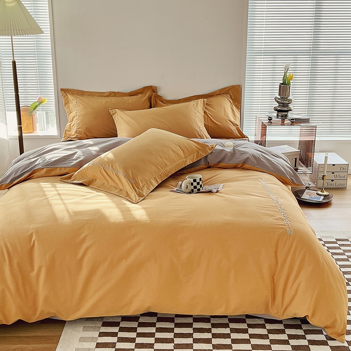 91家纺网 家纺一手货源 找家纺 拼社家纺 2026新款A类色织全棉水洗棉四件套纯棉四件套刺绣床上用品-漫系列 香橙+雅灰