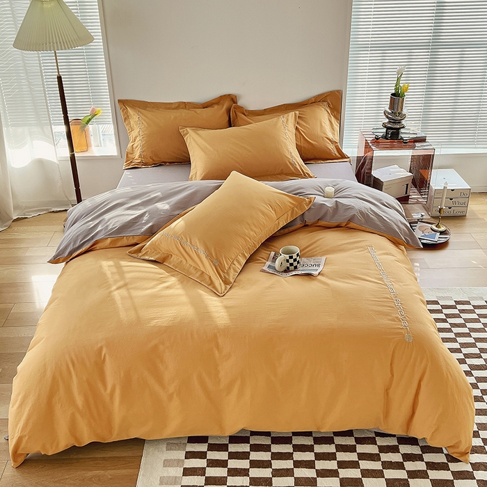 91家纺网 家纺一手货源 找家纺 拼社家纺 2026新款A类色织全棉水洗棉四件套纯棉四件套刺绣床上用品-漫系列 香橙+雅灰