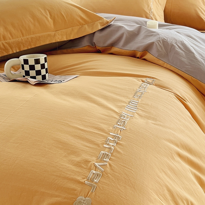 91家纺网 家纺一手货源 找家纺 拼社家纺 2026新款A类色织全棉水洗棉四件套纯棉四件套刺绣床上用品-漫系列 香橙+雅灰