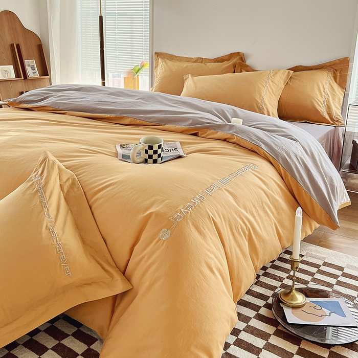 91家纺网 家纺一手货源 找家纺 拼社家纺 2026新款A类色织全棉水洗棉四件套纯棉四件套刺绣床上用品-漫系列 香橙+雅灰