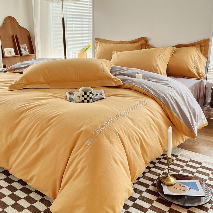 91家纺网 家纺一手货源 找家纺 拼社家纺 2026新款A类色织全棉水洗棉四件套纯棉四件套刺绣床上用品-漫系列 香橙+雅灰