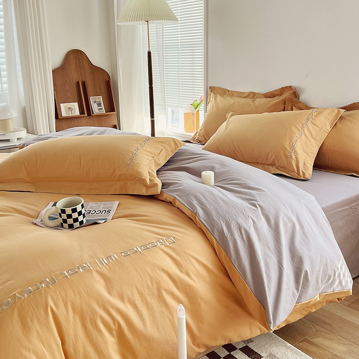 91家纺网 家纺一手货源 找家纺 拼社家纺 2026新款A类色织全棉水洗棉四件套纯棉四件套刺绣床上用品-漫系列 香橙+雅灰