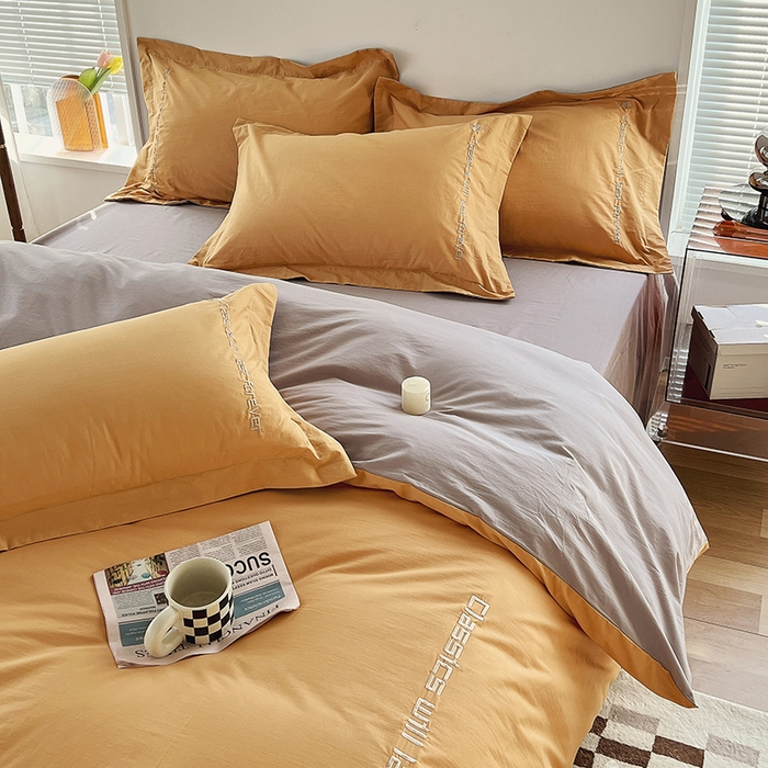 91家纺网 家纺一手货源 找家纺 拼社家纺 2026新款A类色织全棉水洗棉四件套纯棉四件套刺绣床上用品-漫系列 香橙+雅灰