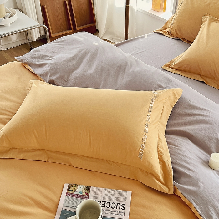 91家纺网 家纺一手货源 找家纺 拼社家纺 2026新款A类色织全棉水洗棉四件套纯棉四件套刺绣床上用品-漫系列 香橙+雅灰