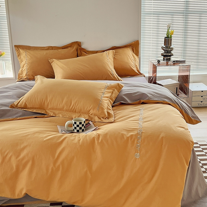 91家纺网 家纺一手货源 找家纺 拼社家纺 2026新款A类色织全棉水洗棉四件套纯棉四件套刺绣床上用品-漫系列 香橙+雅灰