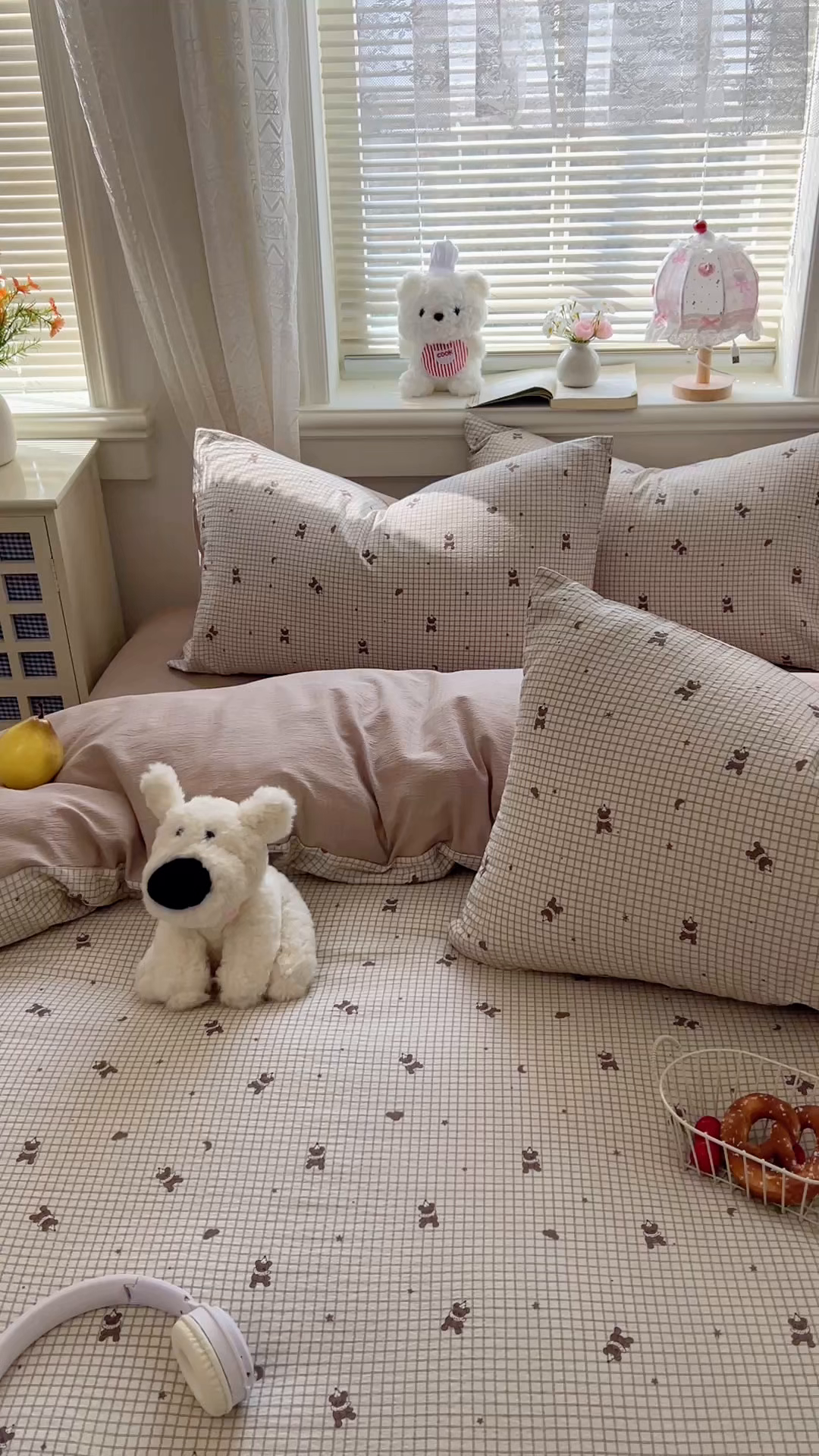 91家纺网 家纺一手货源 找家纺 金梦拉家纺 2026春夏新款云感双层纱皱皱纱系列四件套 可爱熊熊