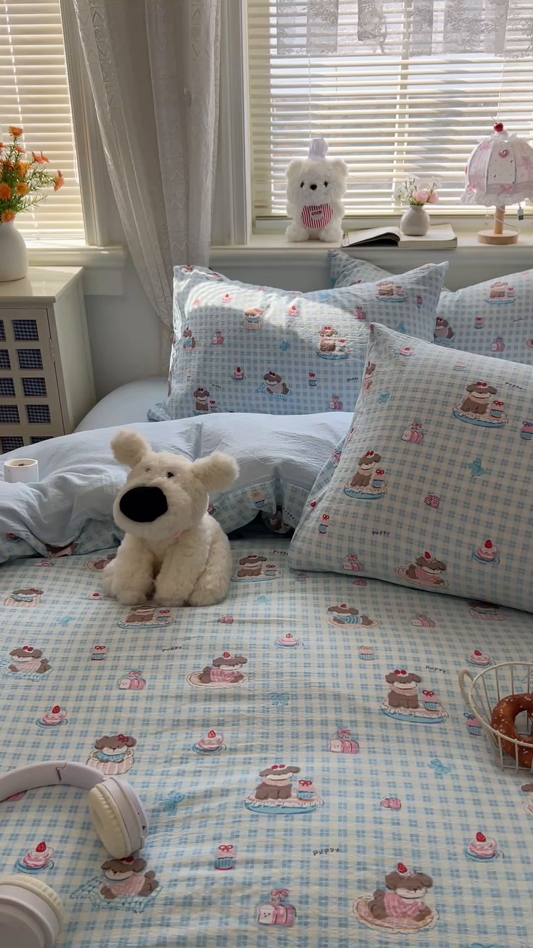 91家纺网 家纺一手货源 找家纺 金梦拉家纺 2026春夏新款云感双层纱皱皱纱系列四件套 蓝格蛋糕熊