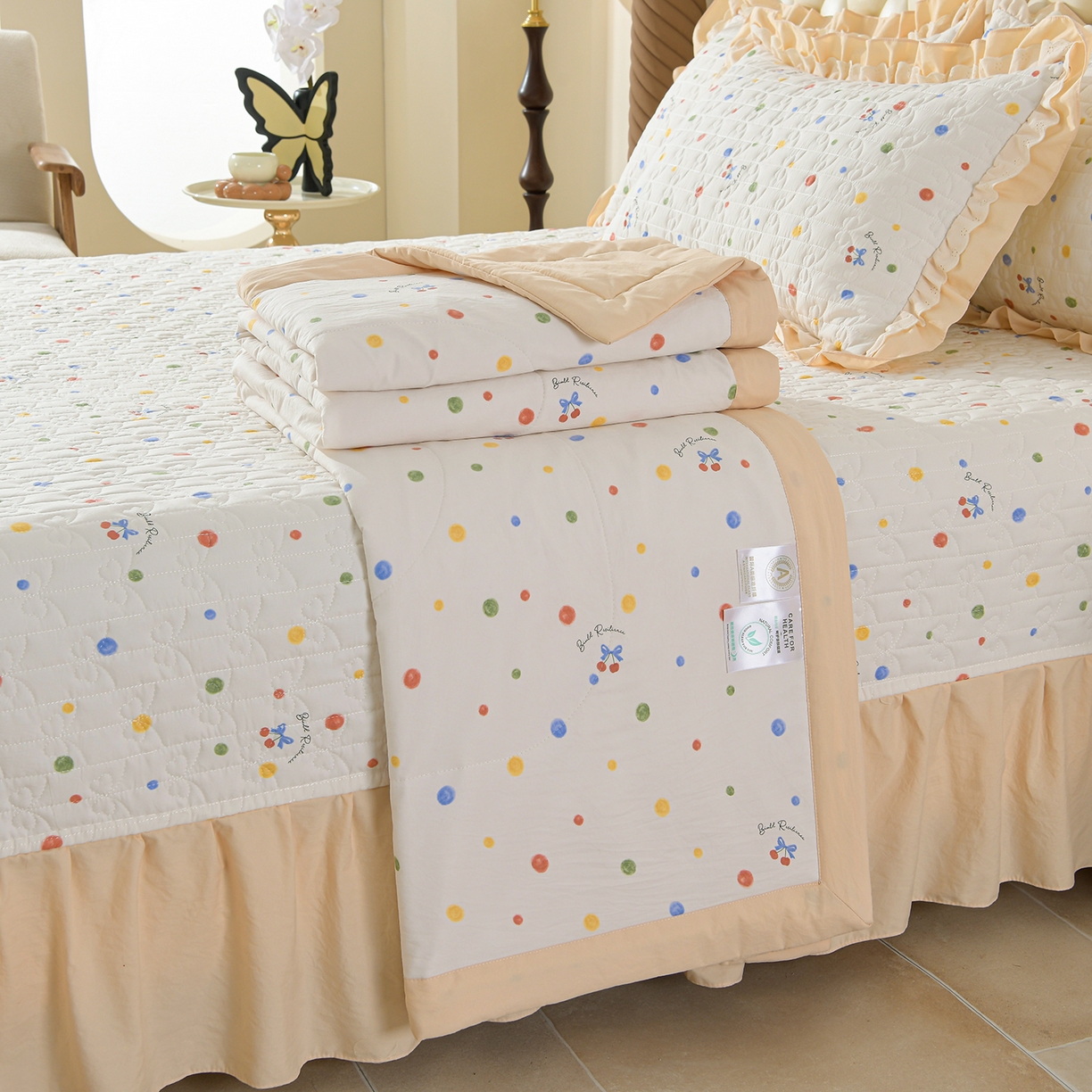 金梦家居 2026新款水洗棉床盖夏被款四件套 彩色波点