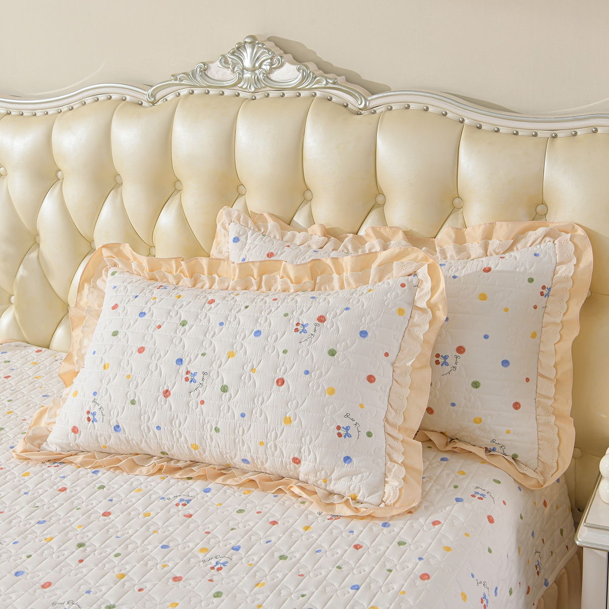 91家纺网 家纺一手货源 找家纺 金梦家居 2026新款水洗棉床盖夏被款四件套 彩色波点