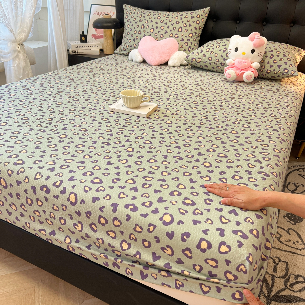 韩巢家纺 2026新款豹纹泡芙纱单床笠热销款防滑床笠单件床笠单品 绿调豹纹心