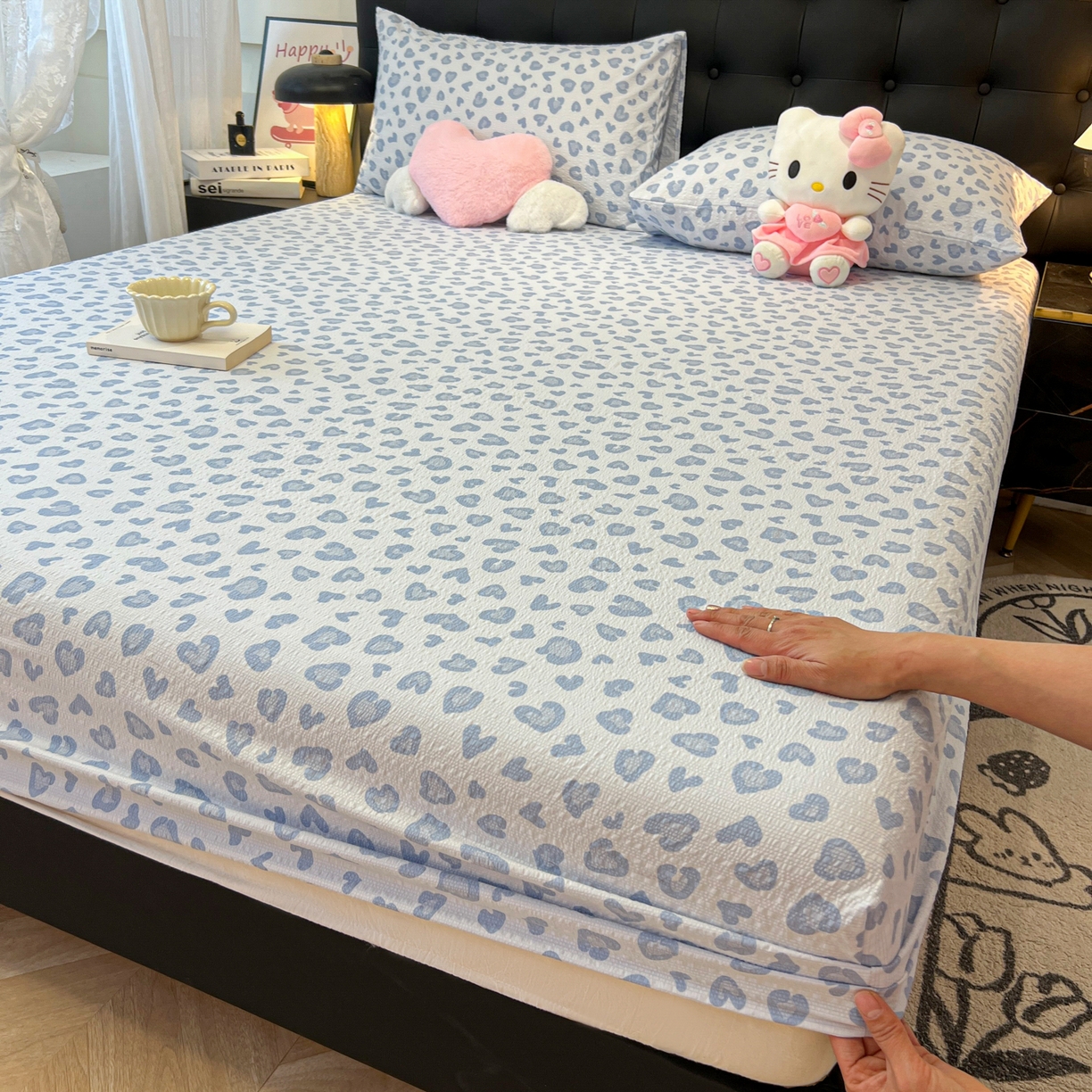 韩巢家纺 2026新款豹纹泡芙纱单床笠热销款防滑床笠单件床笠单品 蓝调豹纹心
