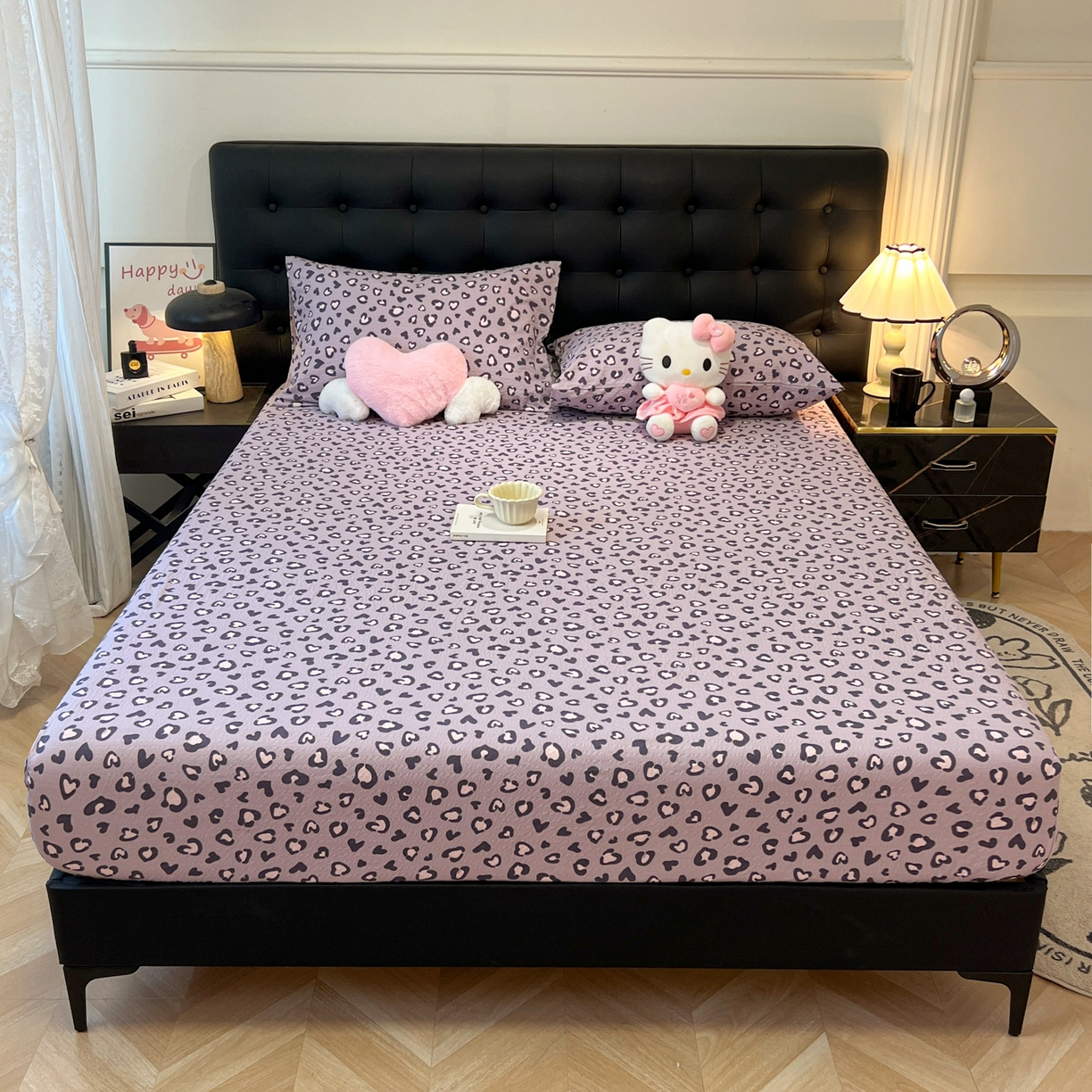 91家纺网 家纺一手货源 找家纺 韩巢家纺 2026新款豹纹泡芙纱单床笠热销款防滑床笠单件床笠单品 紫调豹纹心