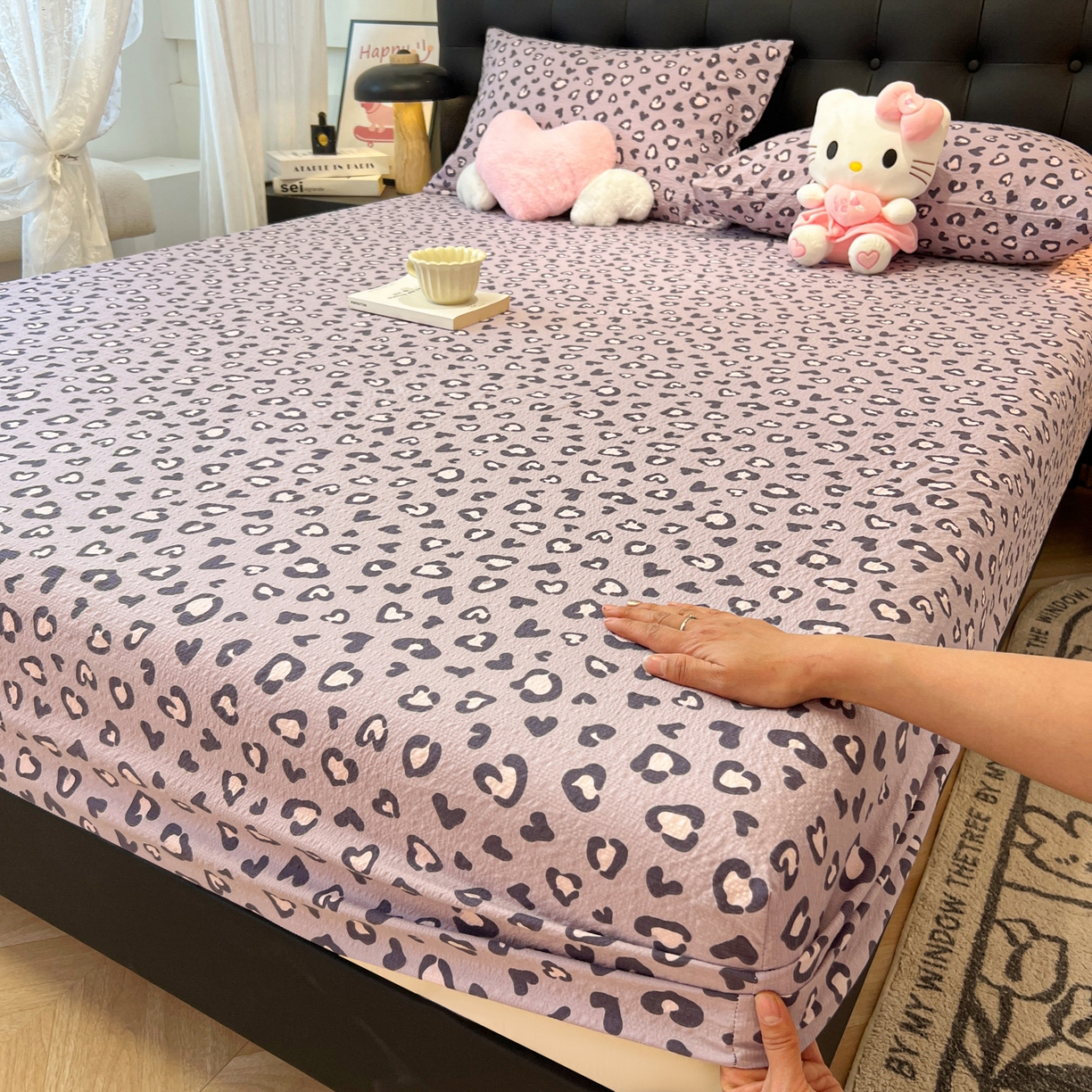 韩巢家纺 2026新款豹纹泡芙纱单床笠热销款防滑床笠单件床笠单品 紫调豹纹心