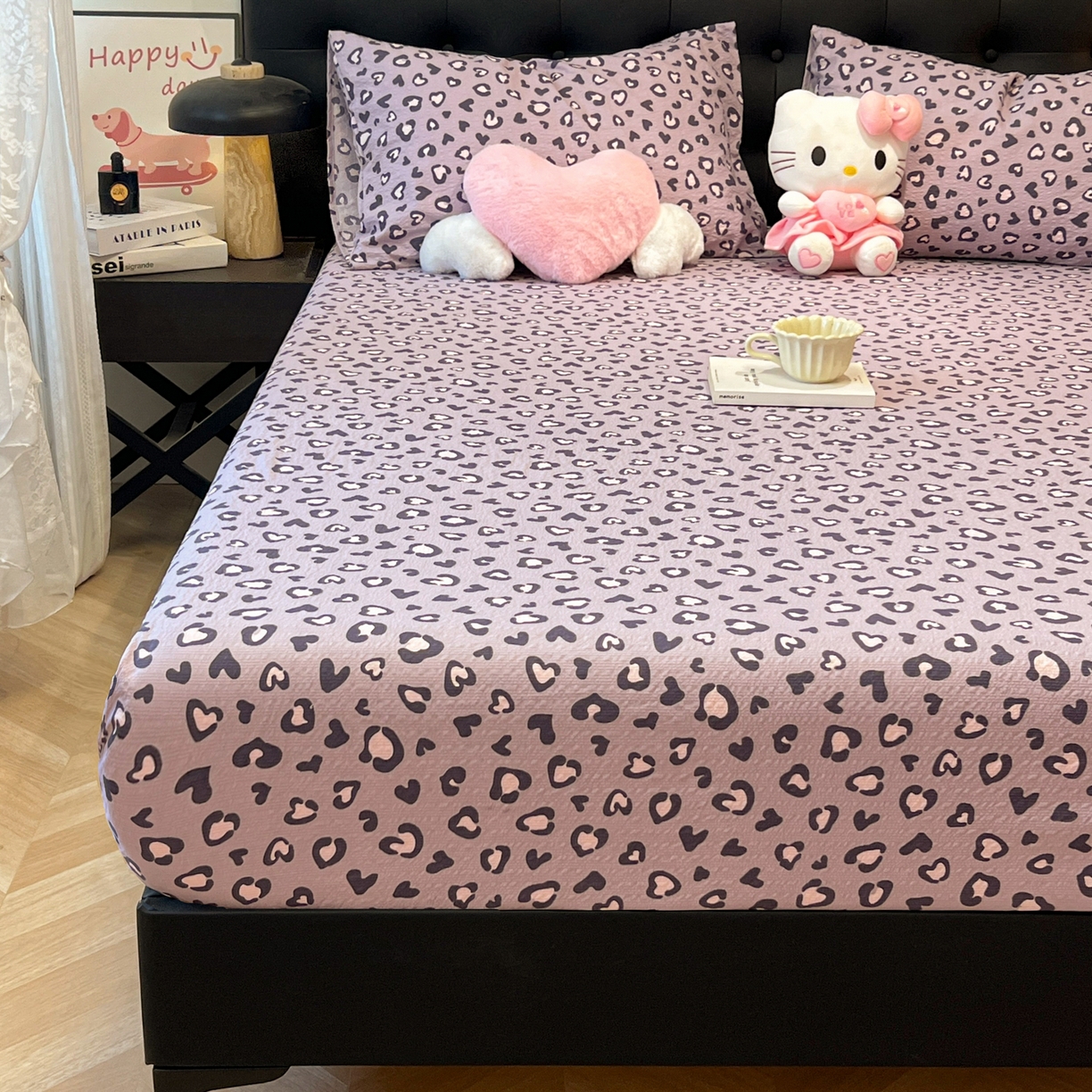 91家纺网 家纺一手货源 找家纺 韩巢家纺 2026新款豹纹泡芙纱单床笠热销款防滑床笠单件床笠单品 紫调豹纹心