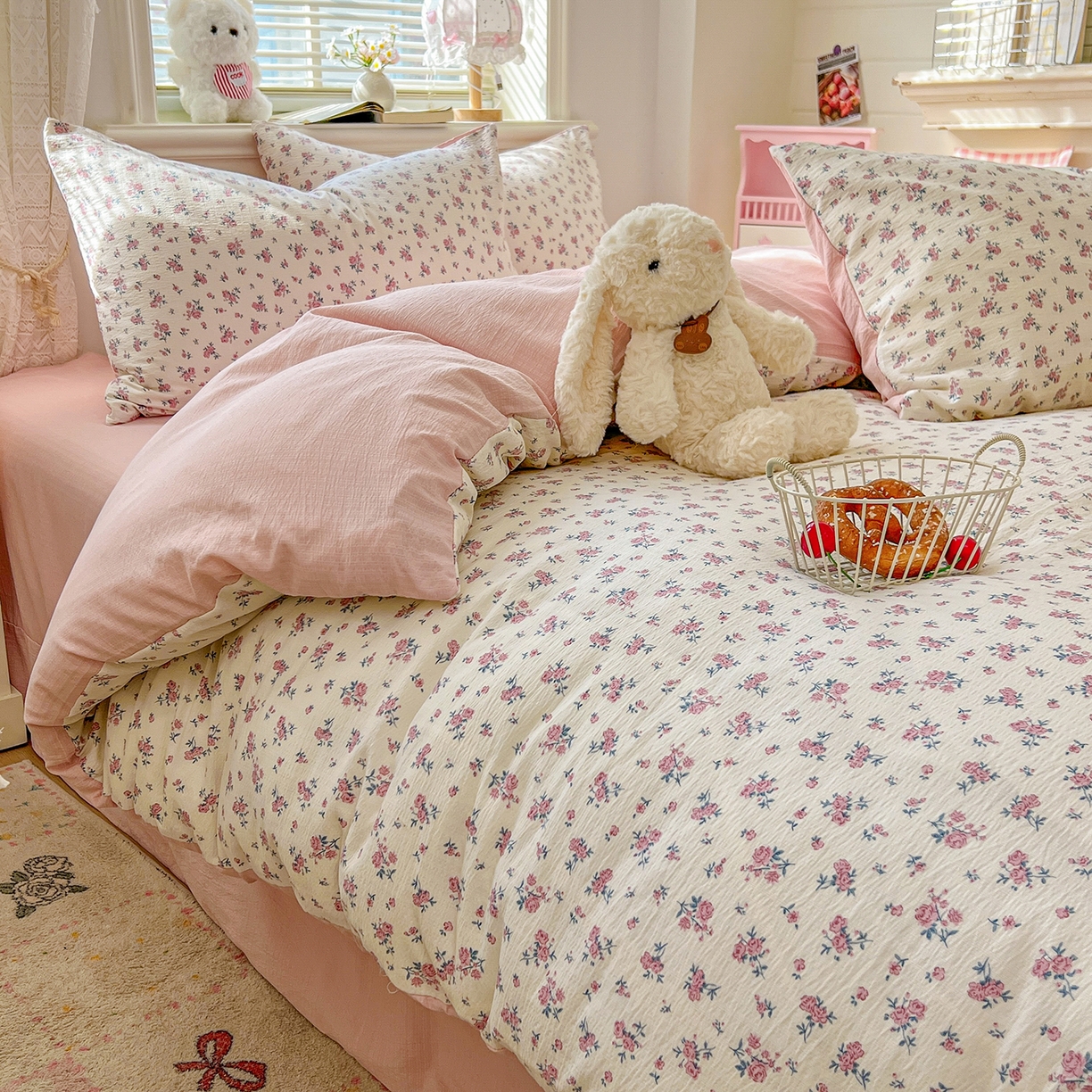 91家纺网 家纺一手货源 找家纺 金梦拉家纺 2026春夏新款云感双层纱皱皱纱系列四件套 茉莉清风