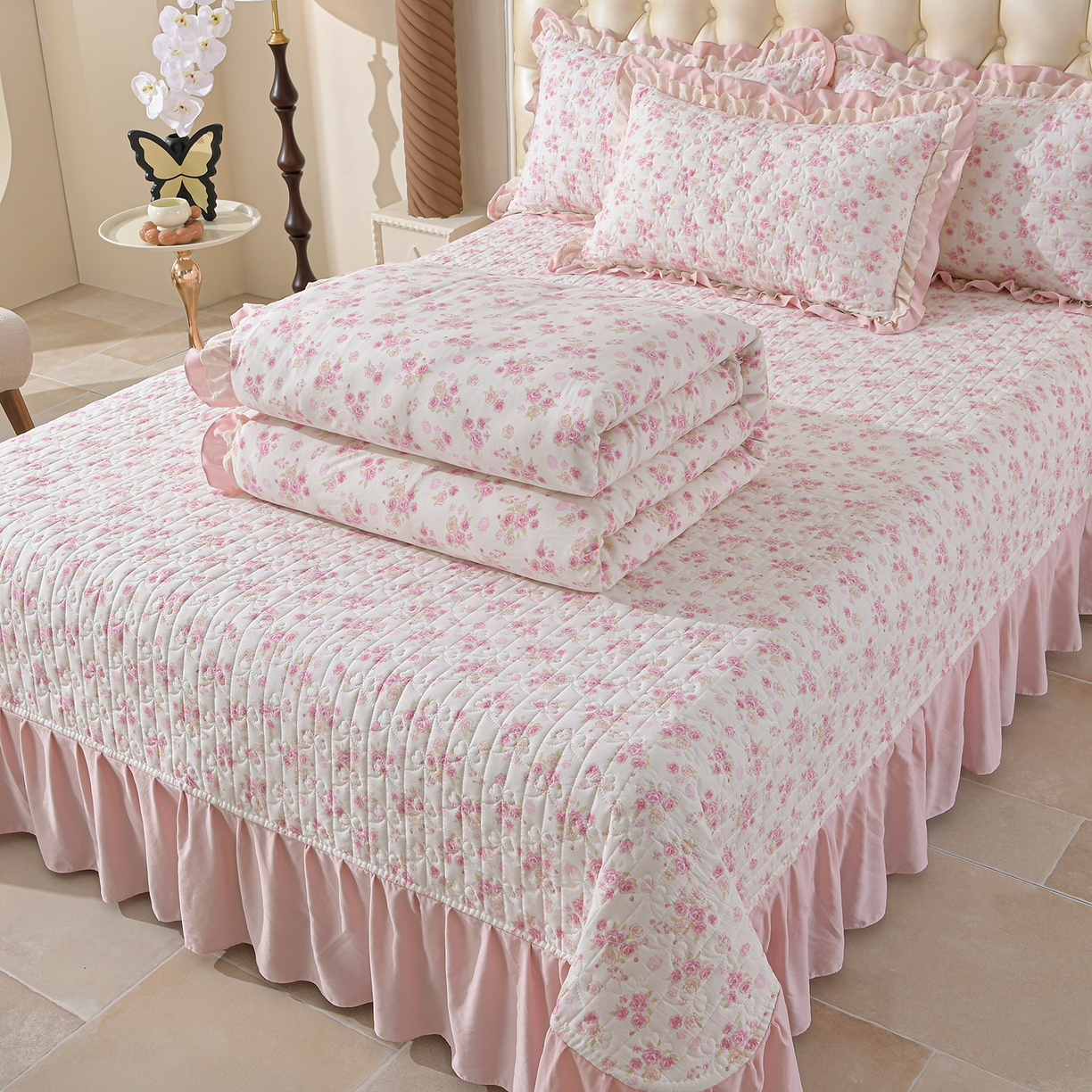 91家纺网 家纺一手货源 找家纺 金梦家居 2026新款水洗棉床盖夏被款四件套 粉黛佳人