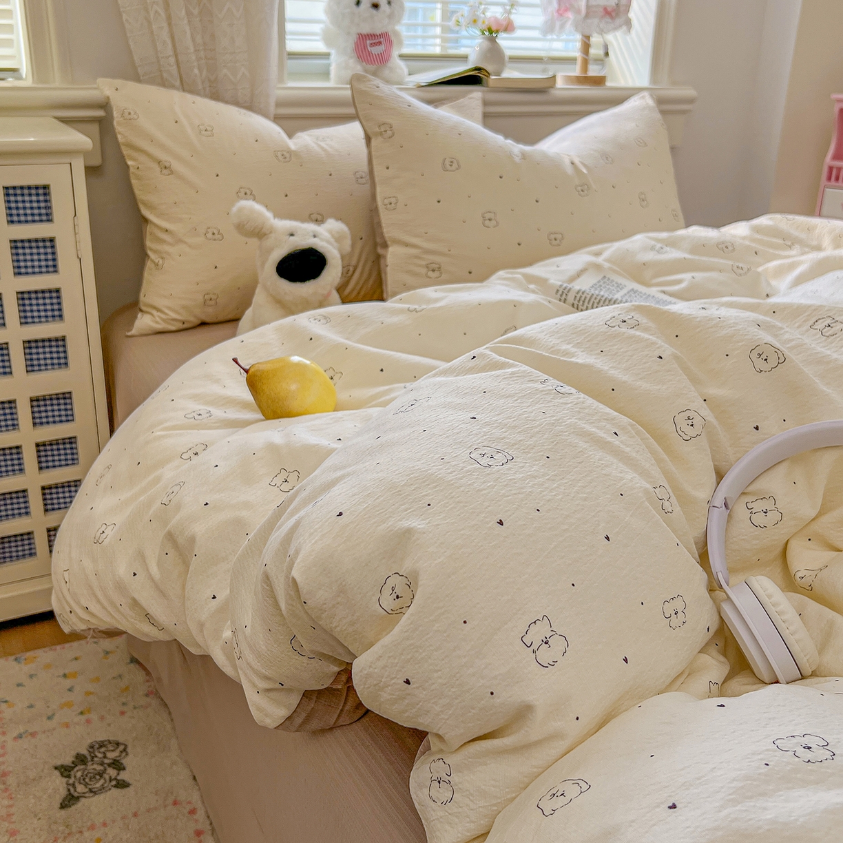 91家纺网 家纺一手货源 找家纺 金梦拉家纺 2026春夏新款云感双层纱皱皱纱系列四件套 铅笔熊