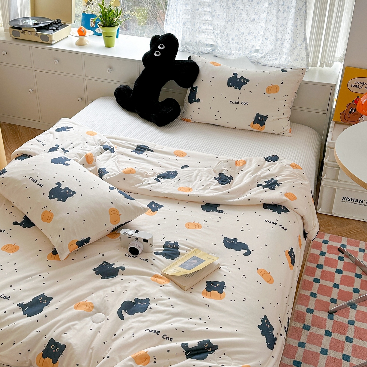 91家纺网 家纺一手货源 找家纺 咏绒家纺工厂店 厂家直销网销爆款花型永不断货2025春夏新款A类牛奶针织棉大豆夏被（长期款） 南瓜猫