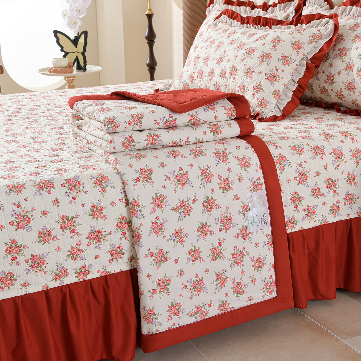 金梦家居 2026新款水洗棉床盖夏被款四件套 红粉佳人