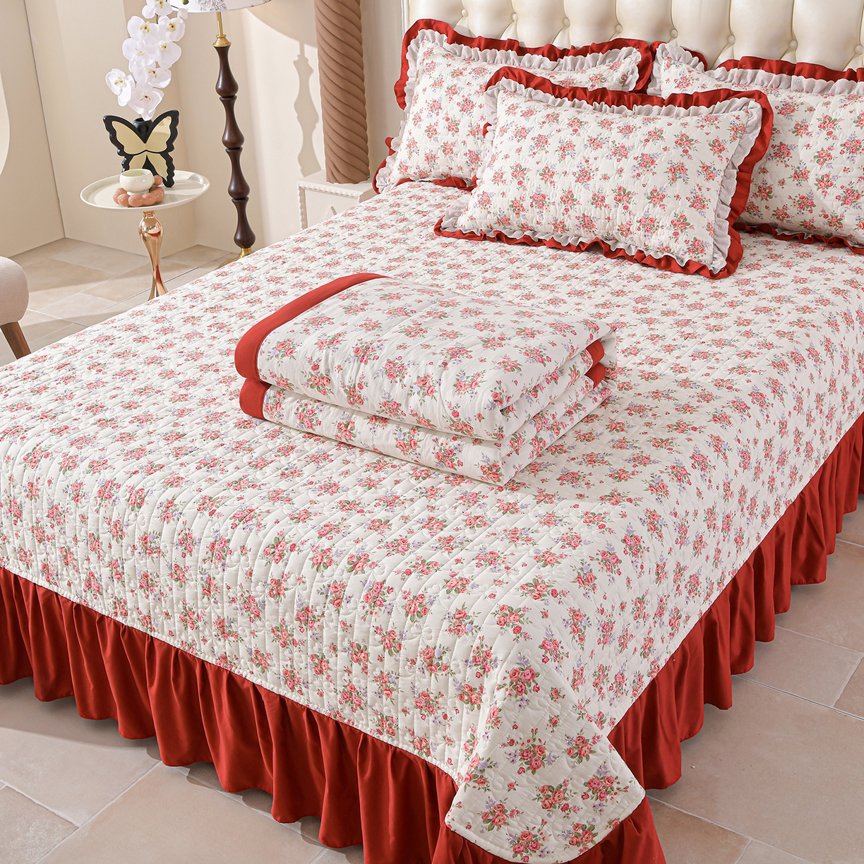 91家纺网 家纺一手货源 找家纺 金梦家居 2026新款水洗棉床盖夏被款四件套 红粉佳人