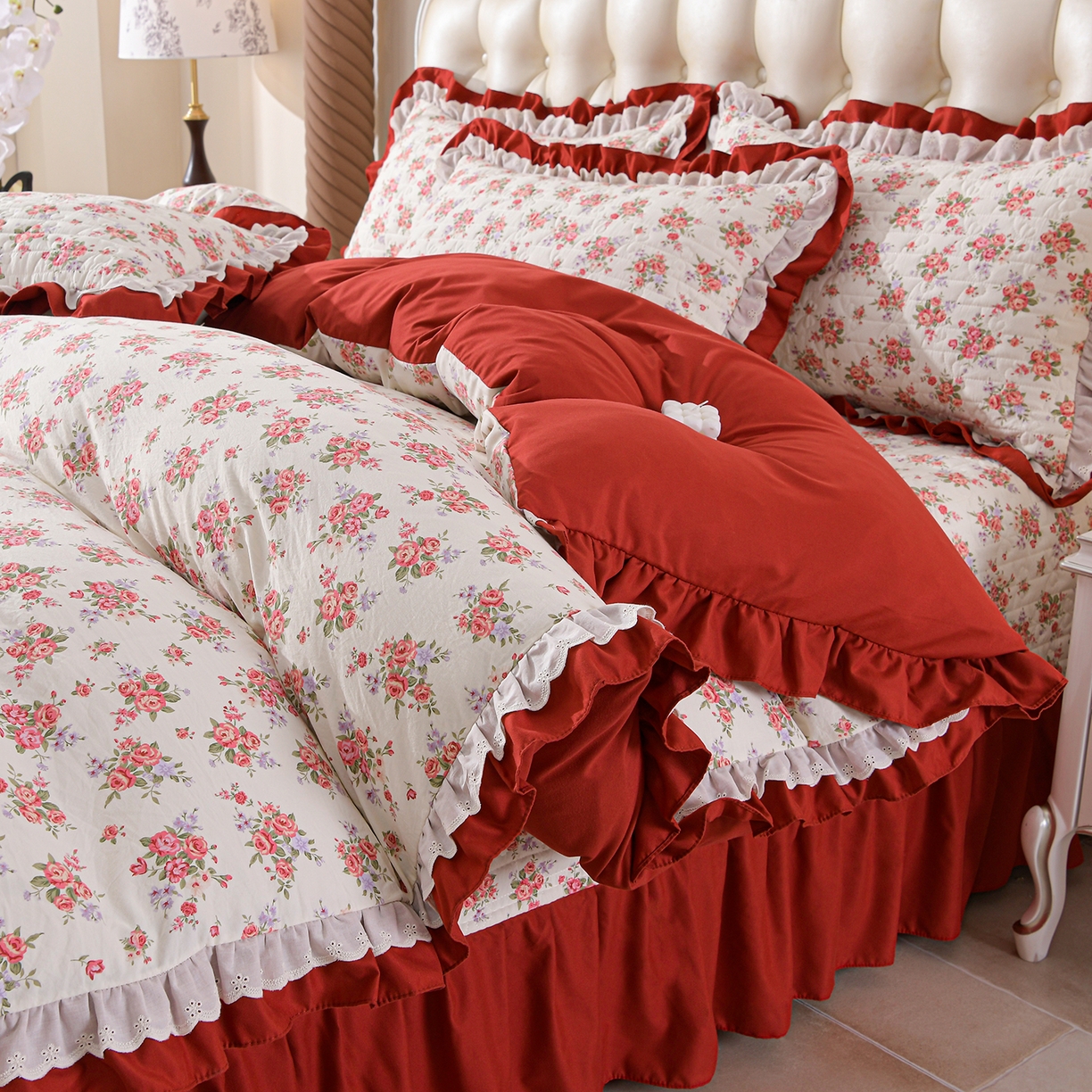 91家纺网 家纺一手货源 找家纺 金梦家居 2026新款水洗棉床盖夏被款四件套 红粉佳人