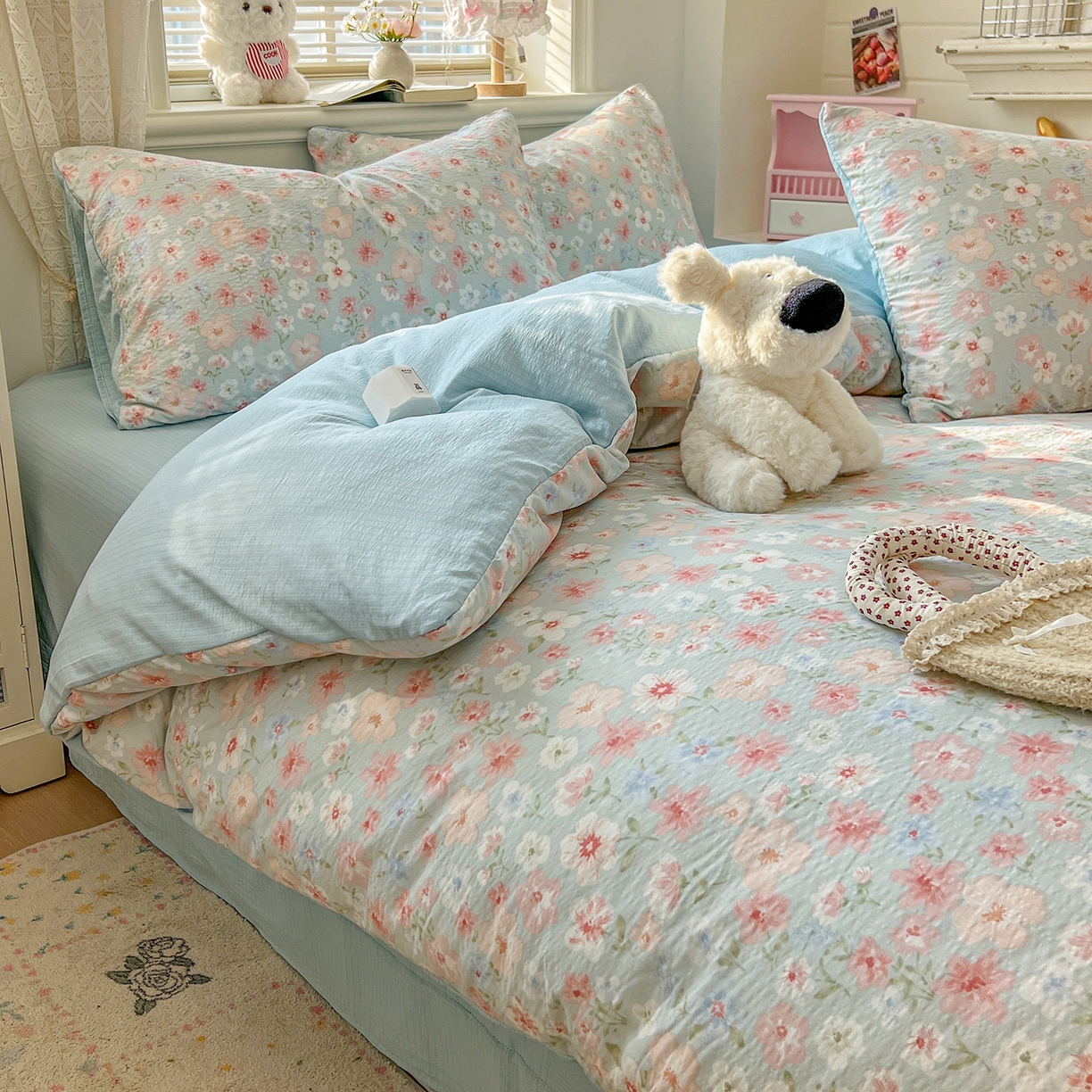 91家纺网 家纺一手货源 找家纺 金梦拉家纺 2026春夏新款云感双层纱皱皱纱系列四件套 清浅