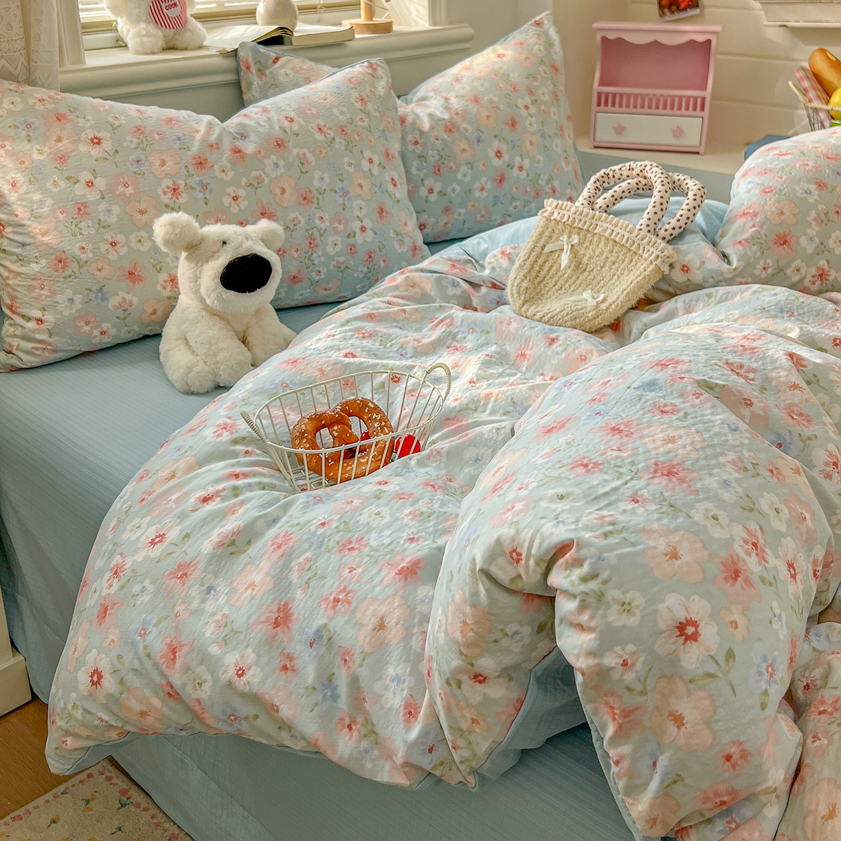 91家纺网 家纺一手货源 找家纺 金梦拉家纺 2026春夏新款云感双层纱皱皱纱系列四件套 清浅