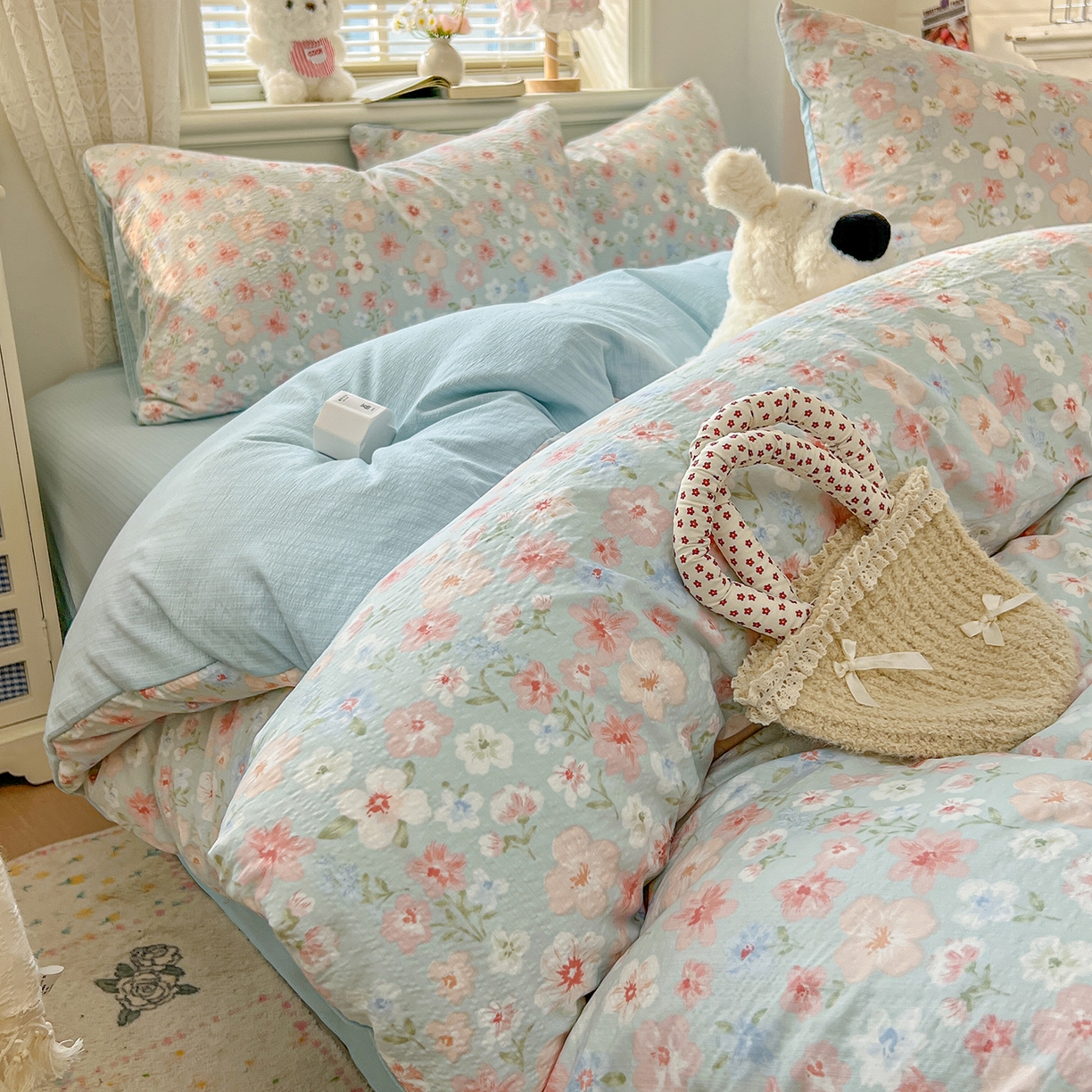 91家纺网 家纺一手货源 找家纺 金梦拉家纺 2026春夏新款云感双层纱皱皱纱系列四件套 清浅