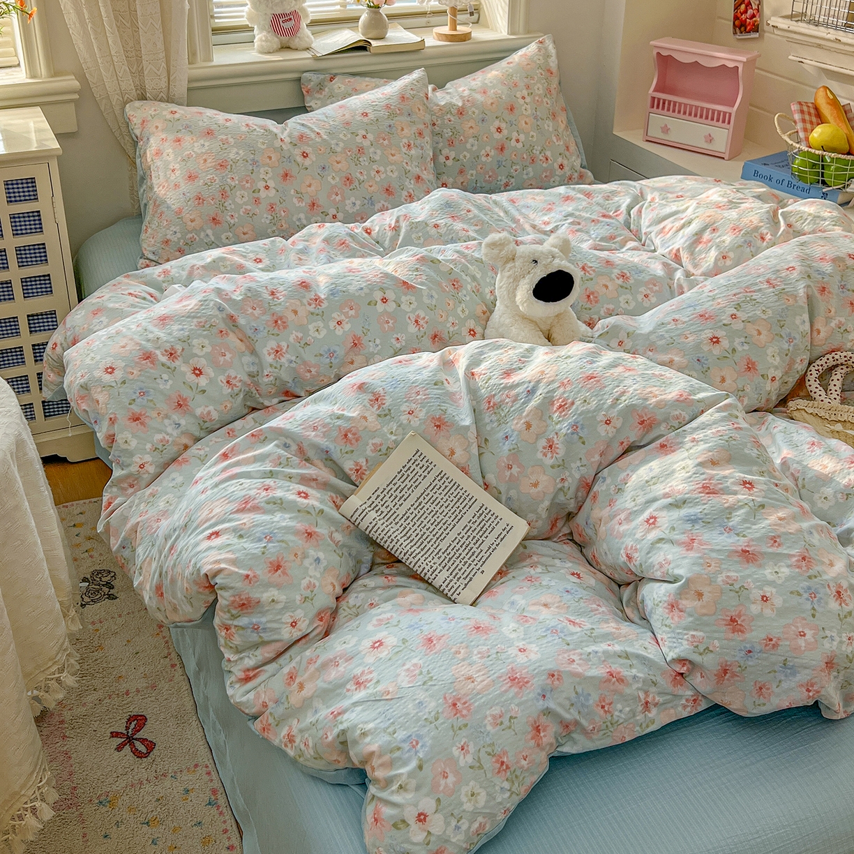 91家纺网 家纺一手货源 找家纺 金梦拉家纺 2026春夏新款云感双层纱皱皱纱系列四件套 清浅