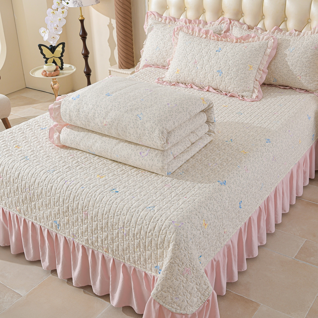 91家纺网 家纺一手货源 找家纺 金梦家居 2026新款水洗棉床盖夏被款四件套 蝴蝶缤纷