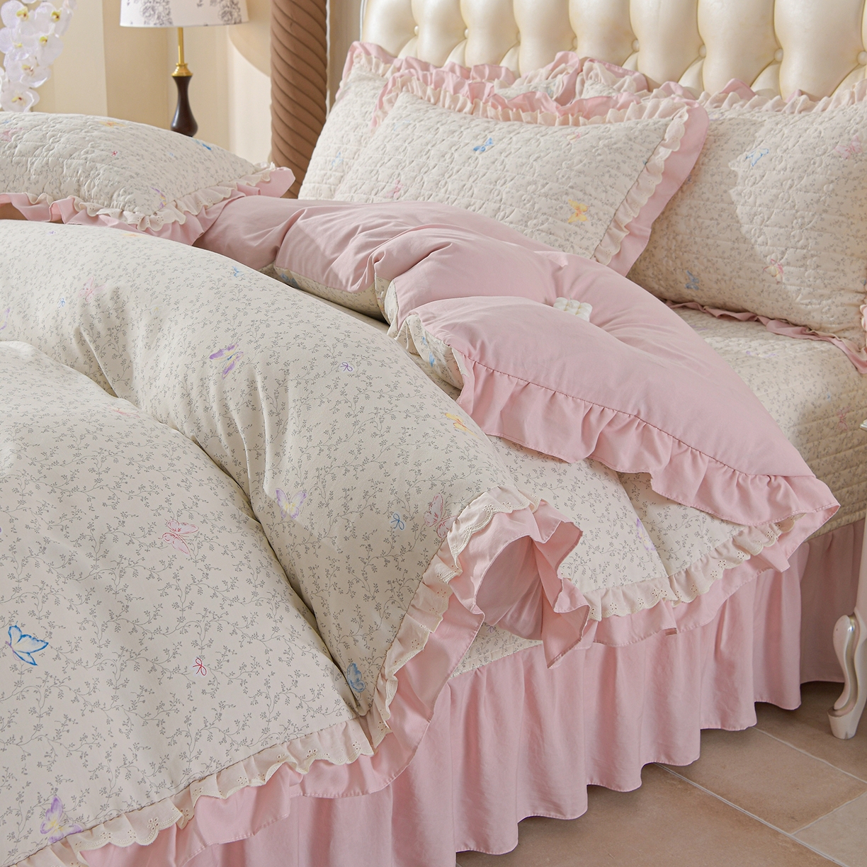 91家纺网 家纺一手货源 找家纺 金梦家居 2026新款水洗棉床盖夏被款四件套 蝴蝶缤纷