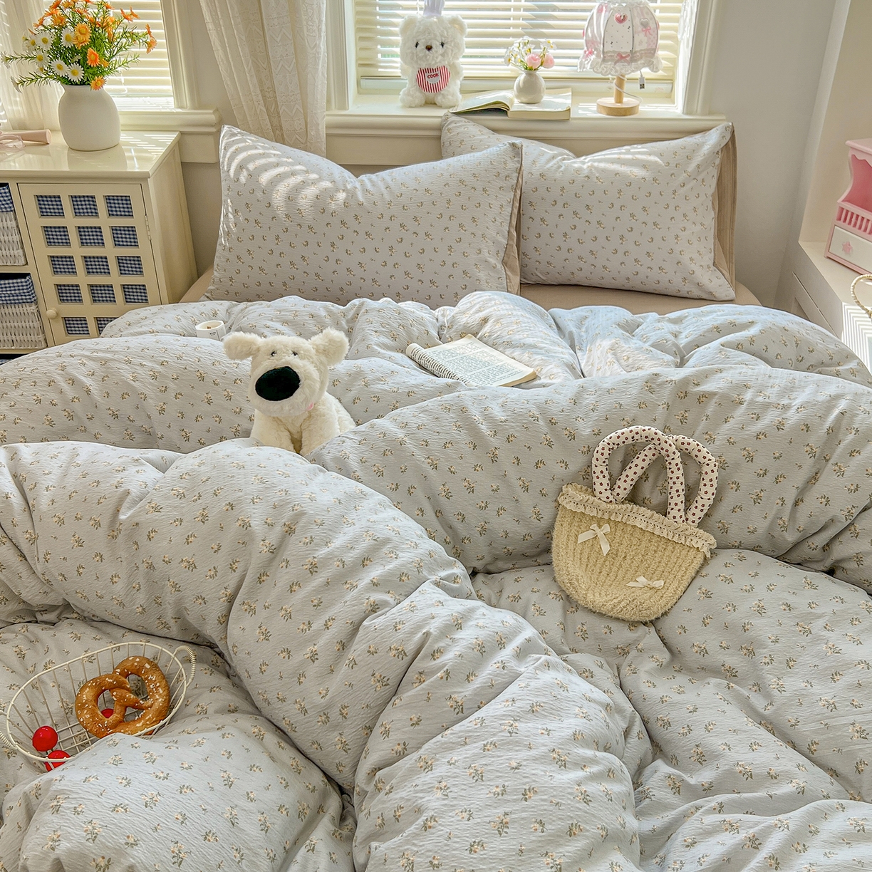 91家纺网 家纺一手货源 找家纺 金梦拉家纺 2026春夏新款云感双层纱皱皱纱系列四件套 森澜