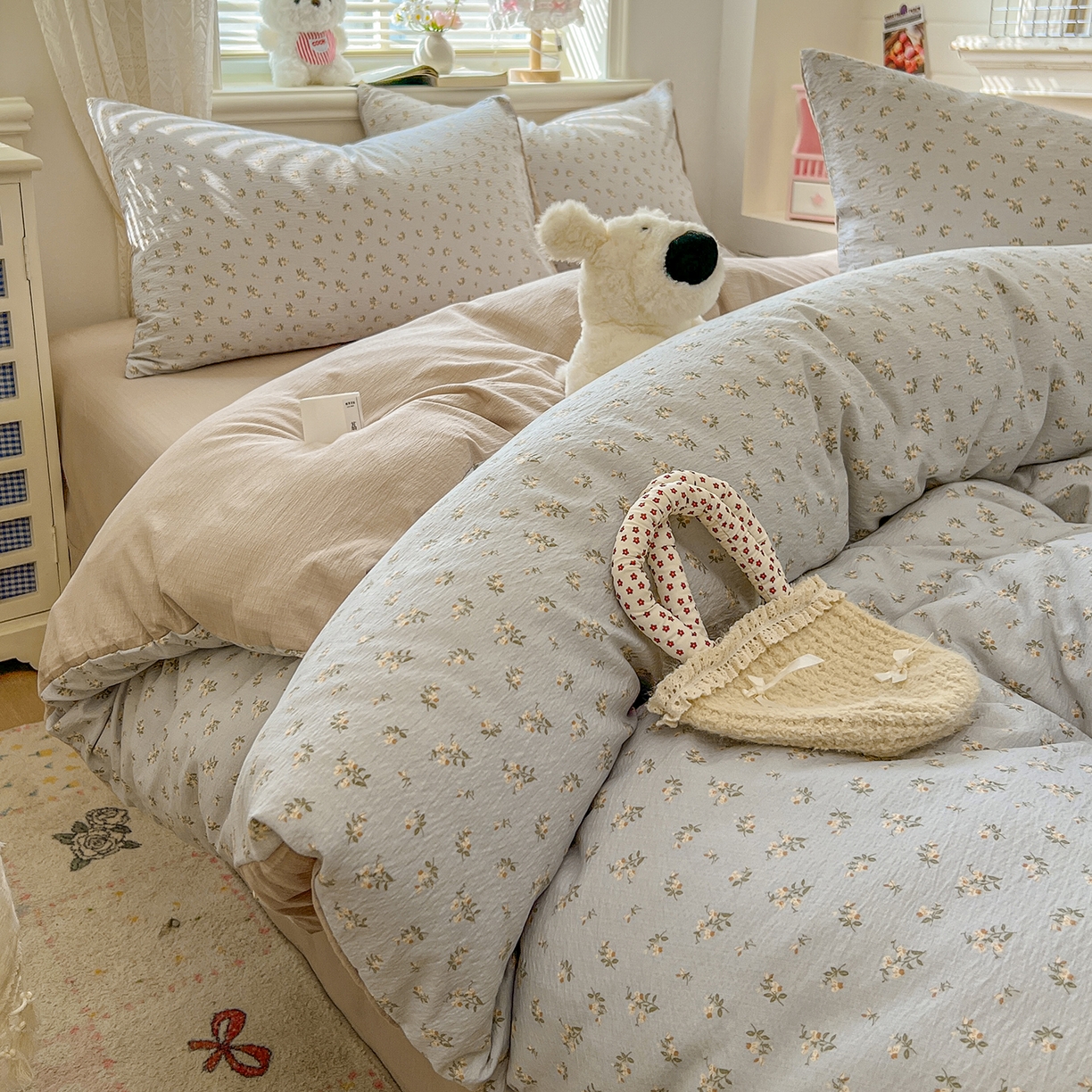 91家纺网 家纺一手货源 找家纺 金梦拉家纺 2026春夏新款云感双层纱皱皱纱系列四件套 森澜