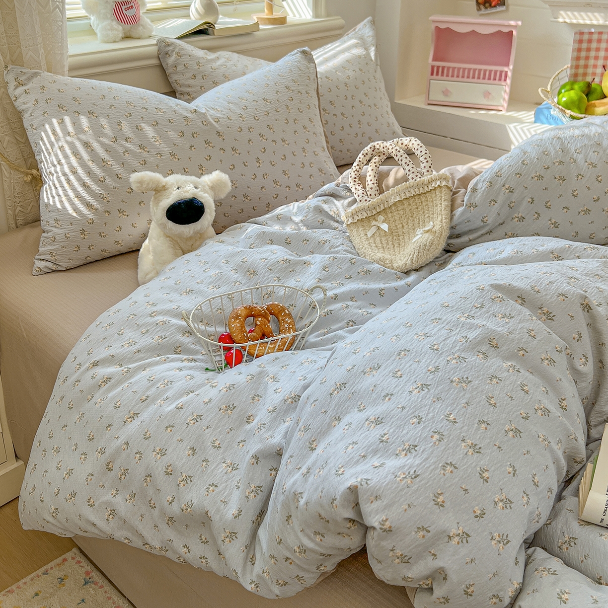 91家纺网 家纺一手货源 找家纺 金梦拉家纺 2026春夏新款云感双层纱皱皱纱系列四件套 森澜