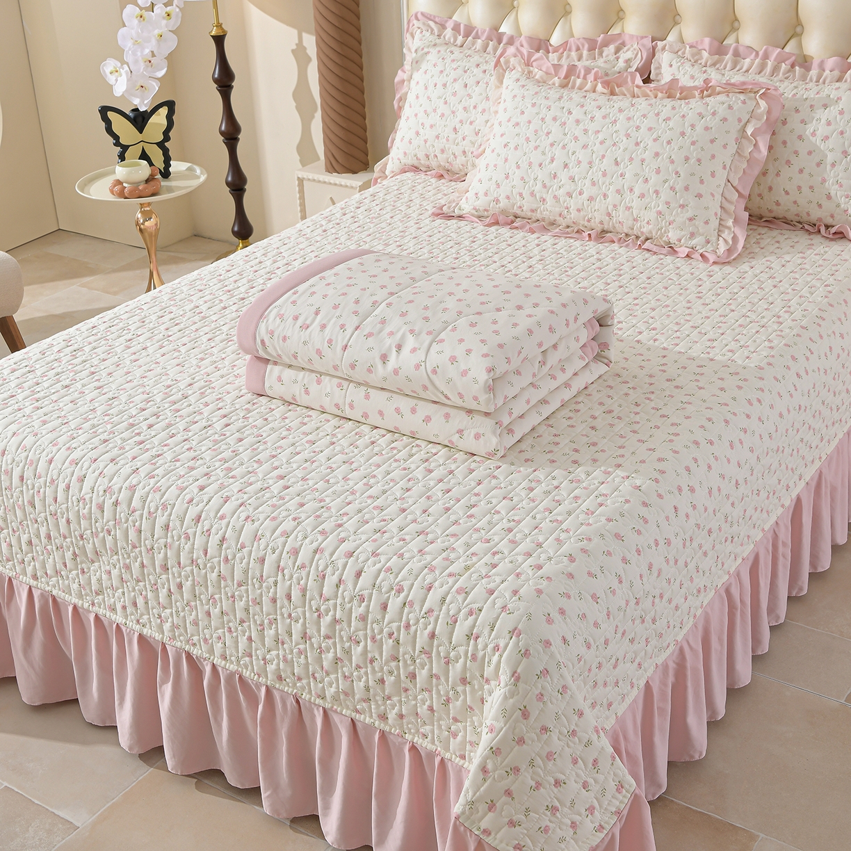 91家纺网 家纺一手货源 找家纺 金梦家居 2026新款水洗棉床盖夏被款四件套 花开朵朵