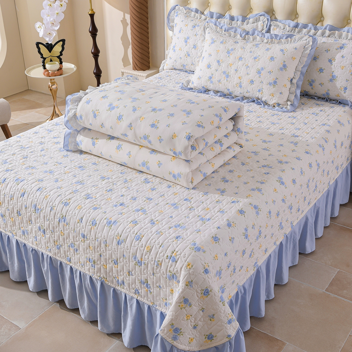 91家纺网 家纺一手货源 找家纺 金梦家居 2026新款水洗棉床盖夏被款四件套 花开盛夏