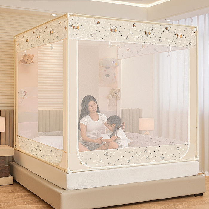 91家纺网 家纺一手货源 找家纺 青竹苑 2026新款贴布口袋款床笠底坐床蚊帐 波点狗狗