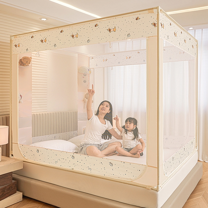 91家纺网 家纺一手货源 找家纺 青竹苑 2026新款贴布口袋款床笠底坐床蚊帐 波点狗狗